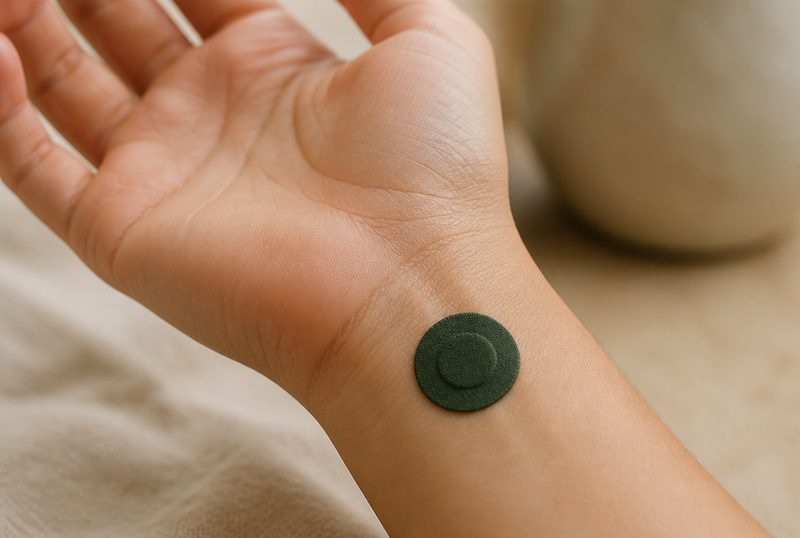 A KEEL patch worn on the inner wrist, a thumb resting on the raised ring