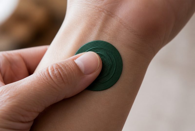 Close-up of a thumb tracing the raised ridge of a KEEL patch on a wrist